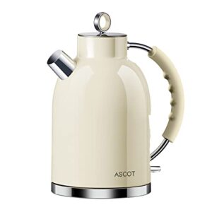 ascot electric kettle, stainless steel electric tea kettle gifts for men/women/family 1.6l 1500w retro tea heater & hot water boiler, auto shut-off and boil-dry protection (cream)