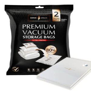 genie space - incredibly strong premium space saving vacuum bags storage | 2 x extra large (40x30in) | airtight & reusable | create 80% more space | for clothes, towels, bedding, duvets and more..