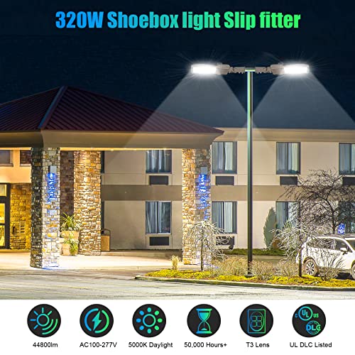 NUOGUAN 320W LED Parking Lot Lights 44800LM UL DLC Listed 5000K LED Shoebox Light Pole Lights Slip Fitter AC100-277V IP65 Waterproof Outdoor Commercial Area Lighting for Driveway Roadway