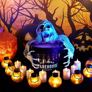 IMAGE Flickering Pumpkin Lantern Tea Lights 12 Pack Flickering LED Pumpkin Lights with Battery Operated Flameless Pumpkin Tealight Candles for Halloween, Christmas, Thanksgiving and Theme Parties