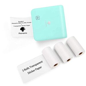 phomemo m02 pro mini bluetooth printer- pocket photo printer with 3 rolls transparent sticker paper, compatible with ios + android for plan journal, study notes, art creation, work, gift, cyan