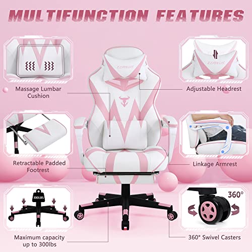 Pink Gaming Chair, Gaming Computer Chair for Girls, Reclining Gamer Chair with Footrest, Ergonomic PC Gaming Chair with Massage, Gaming Desk Chair for Women, High Back Gaming Chairs for Adults (Pink)