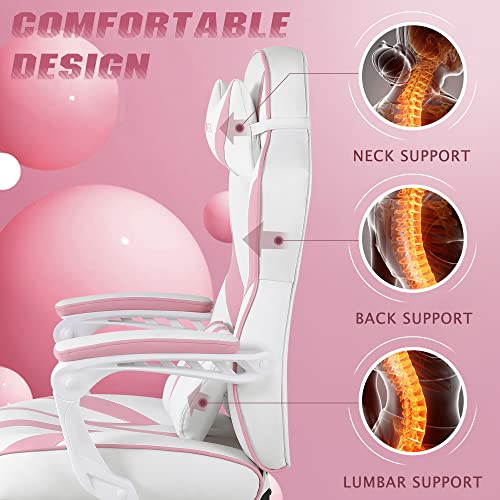 Pink Gaming Chair, Gaming Computer Chair for Girls, Reclining Gamer Chair with Footrest, Ergonomic PC Gaming Chair with Massage, Gaming Desk Chair for Women, High Back Gaming Chairs for Adults (Pink)