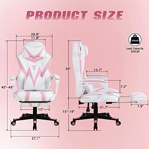 Pink Gaming Chair, Gaming Computer Chair for Girls, Reclining Gamer Chair with Footrest, Ergonomic PC Gaming Chair with Massage, Gaming Desk Chair for Women, High Back Gaming Chairs for Adults (Pink)