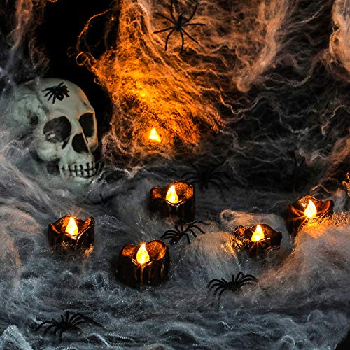 12 Pieces Halloween Decorations Flickering Flameless Candles with 10 Pieces Spiders and White Spider Web Decorations for Halloween Party Favor (Amber Yellow)