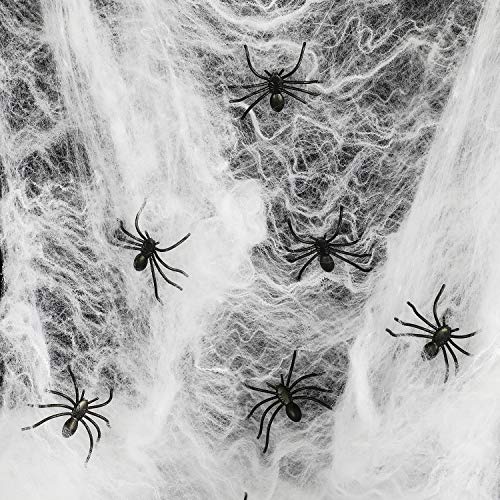 12 Pieces Halloween Decorations Flickering Flameless Candles with 10 Pieces Spiders and White Spider Web Decorations for Halloween Party Favor (Amber Yellow)