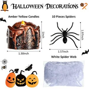 12 Pieces Halloween Decorations Flickering Flameless Candles with 10 Pieces Spiders and White Spider Web Decorations for Halloween Party Favor (Amber Yellow)