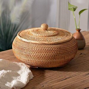 N/P Rattan Boxes with Lid Hand-Woven Multi-Purpose Wicker Tray with Durable Rattan Fiber Round 11 Inch Diameter Bread Basket