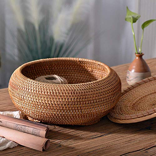 N/P Rattan Boxes with Lid Hand-Woven Multi-Purpose Wicker Tray with Durable Rattan Fiber Round 11 Inch Diameter Bread Basket