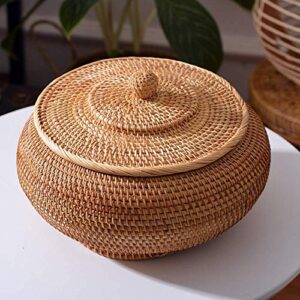 N/P Rattan Boxes with Lid Hand-Woven Multi-Purpose Wicker Tray with Durable Rattan Fiber Round 11 Inch Diameter Bread Basket