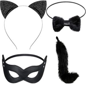 4 pieces cat costume set, long fur cat tail cosplay set halloween fancy dress costume set, cat ears headband cat tail, cat bow, harlequin mask for valentine's day dress up halloween costume party