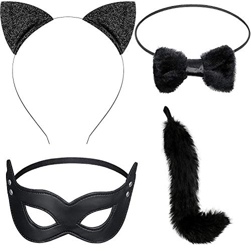 4 Pieces Cat Costume Set, Long Fur Cat Tail Cosplay Set Halloween Fancy Dress Costume Set, Cat Ears Headband Cat Tail, Cat Bow, Harlequin Mask for Valentine's Day Dress up Halloween Costume Party