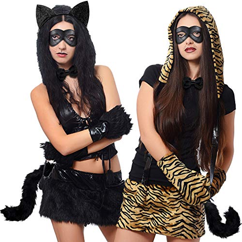 4 Pieces Cat Costume Set, Long Fur Cat Tail Cosplay Set Halloween Fancy Dress Costume Set, Cat Ears Headband Cat Tail, Cat Bow, Harlequin Mask for Valentine's Day Dress up Halloween Costume Party