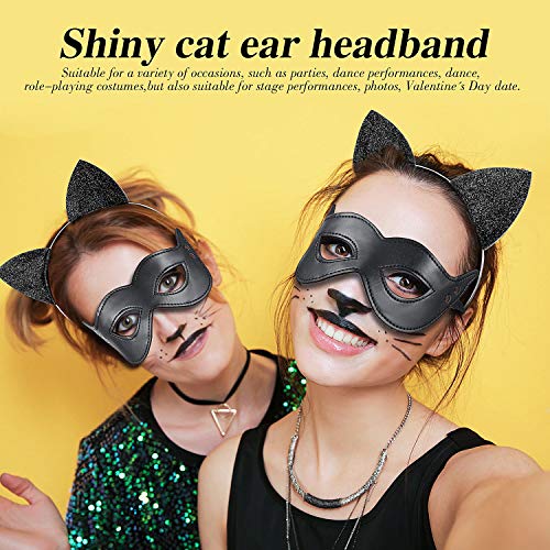 4 Pieces Cat Costume Set, Long Fur Cat Tail Cosplay Set Halloween Fancy Dress Costume Set, Cat Ears Headband Cat Tail, Cat Bow, Harlequin Mask for Valentine's Day Dress up Halloween Costume Party