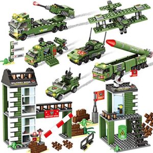 1162 pieces army military base building blocks set, army combat force bricks toy with army vehicle & airplane, with blocks storage box, pretend war & action roleplay toy gift for kids boys girls 6-12