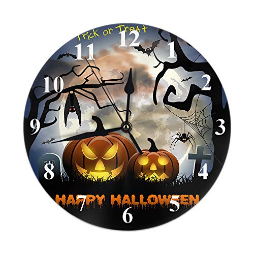 HGOD DESIGNS Halloween Round Wall Clock,Spooky Card for Halloween with Pumpkinspider and Bats Moon Round Wall Clock Home & Garden Wall Decorative for Bedroom Office School Art(10")