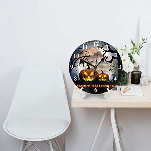 HGOD DESIGNS Halloween Round Wall Clock,Spooky Card for Halloween with Pumpkinspider and Bats Moon Round Wall Clock Home & Garden Wall Decorative for Bedroom Office School Art(10")