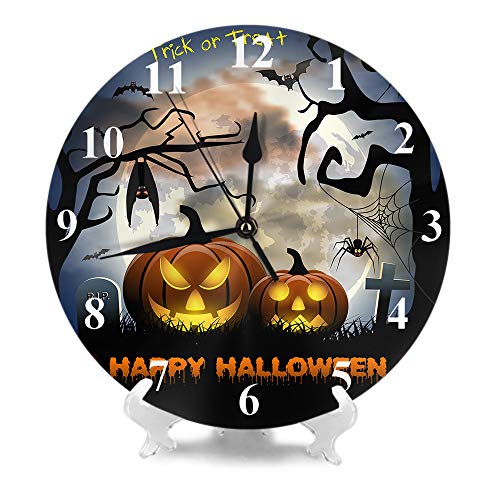 HGOD DESIGNS Halloween Round Wall Clock,Spooky Card for Halloween with Pumpkinspider and Bats Moon Round Wall Clock Home & Garden Wall Decorative for Bedroom Office School Art(10")