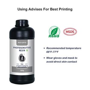 Rich-OPTO 1kg Water Washable Resin Grey LCD 3D Printer Resin UV Curing 405nm Quick Printing Speed Low Odor High Accuracy Photopolymer (DIY Mixed with The Non-Clear Same Series Resin)
