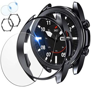 [2+2pack] tensea compatible samsung galaxy watch 3 45mm screen protector and case, 2 pack tempered glass protective film and 2 pack tpu watch cover accessories set for galaxy watch3 45, titanium, 41mm