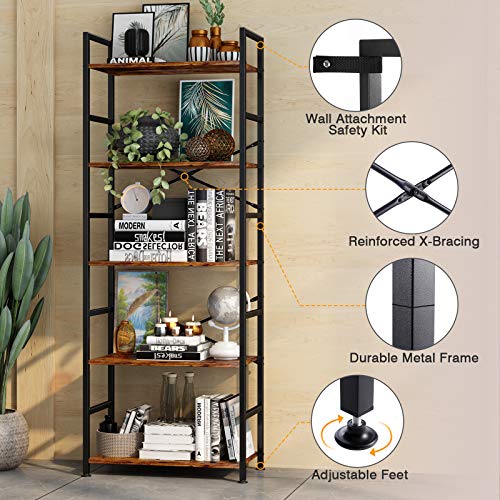 CosyStar 5-Tier Tall Bookcase, Rustic Wood and Metal Standing Bookshelf, Industrial Vintage Book Shelf Unit, Open Back Modern Office Bookcases