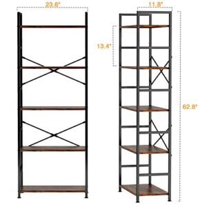 CosyStar 5-Tier Tall Bookcase, Rustic Wood and Metal Standing Bookshelf, Industrial Vintage Book Shelf Unit, Open Back Modern Office Bookcases