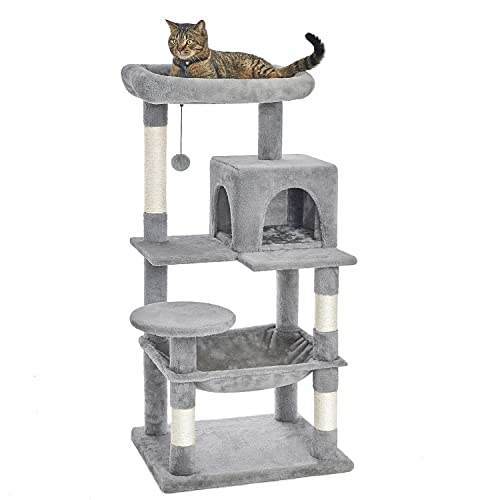 Catinsider 46.5 inches Cat Tree Multi-Level Cat Tower with Sisal-Covered Scratching Posts, Plush Perches, Hammock and Condo for Cats Light Gray