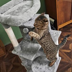 Catinsider 46.5 inches Cat Tree Multi-Level Cat Tower with Sisal-Covered Scratching Posts, Plush Perches, Hammock and Condo for Cats Light Gray