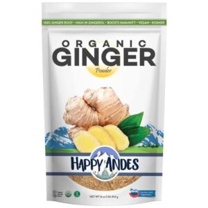 happy andes/ andean star usda organic ginger powder, pure ground dried root, highly aromatic, strong immunity, 100% from peru, tea, superfood, non-gmo, gluten free, kosher, keto, 1 lb