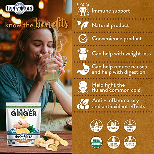 Happy Andes/ Andean Star USDA Organic Ginger Powder, Pure Ground Dried Root, Highly Aromatic, Strong Immunity, 100% from Peru, Tea, Superfood, Non-GMO, Gluten Free, Kosher, Keto, 1 lb