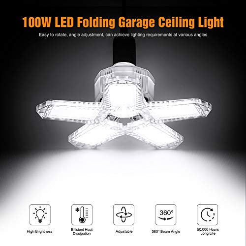 TYCOLIT LED Garage Lighting, Deformable LED Ceiling Lights with 5 Adjustable Panels, 80W/100W LED Shop Lamp for Warehouse, Workshop, Basement, Gym (100W)