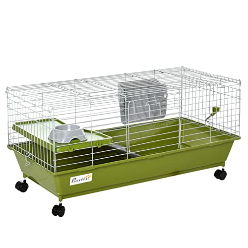 PawHut 35" Small Animal Cage Chinchilla Guinea Pig Hutch Ferret Pet House with Platform Ramp, Food Dish, Wheels, & Water Bottle