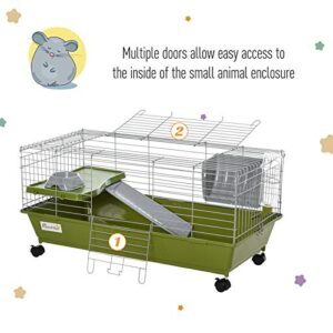 PawHut 35" Small Animal Cage Chinchilla Guinea Pig Hutch Ferret Pet House with Platform Ramp, Food Dish, Wheels, & Water Bottle