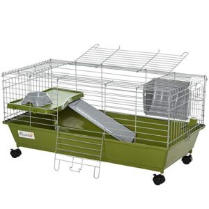 PawHut 35" Small Animal Cage Chinchilla Guinea Pig Hutch Ferret Pet House with Platform Ramp, Food Dish, Wheels, & Water Bottle