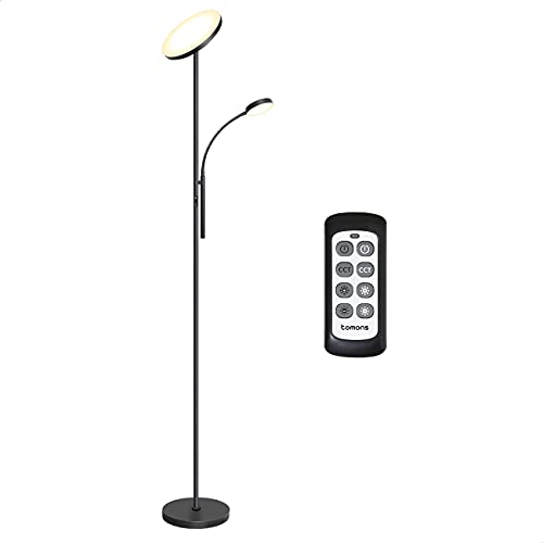 tomons Dimmable Floor Lamp, Bright Tall Mother-Daughter Light Torchiere Sky LED Torchiere with Remote Controller, Stepless Dimming, 3 Color Temperatures, Modern Industrial Living Room, Bedroom - Black