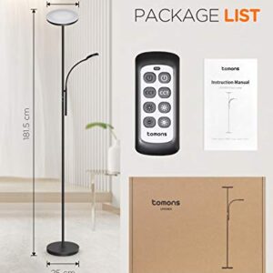 tomons Dimmable Floor Lamp, Bright Tall Mother-Daughter Light Torchiere Sky LED Torchiere with Remote Controller, Stepless Dimming, 3 Color Temperatures, Modern Industrial Living Room, Bedroom - Black