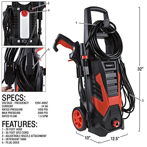 Stalwart Electric Powered Pressure Washer Electric Powered, 2000 PSI (Power Washer for Cleaning Driveways, Patios, Decks, Cars and More), Red