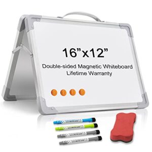 small dry erase white board, 16"x12" double-sided magnetic portable white board desktop foldable tabletop whiteboard easel for home, office, classroom