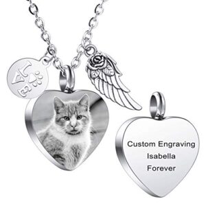memediy personalized heart paw print ashes urn pendant necklace custom name/photo/date for women men stainless steel memorial dog cat pet keepsake with keyring funnel fill kit angel wing