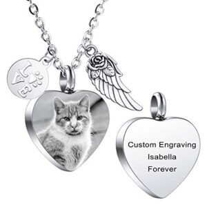 MeMeDIY Personalized Heart Paw Print Ashes Urn Pendant Necklace Custom Name/Photo/Date for Women Men Stainless Steel Memorial Dog Cat Pet Keepsake with Keyring Funnel Fill Kit Angel Wing