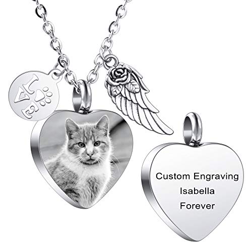 MeMeDIY Personalized Heart Paw Print Ashes Urn Pendant Necklace Custom Name/Photo/Date for Women Men Stainless Steel Memorial Dog Cat Pet Keepsake with Keyring Funnel Fill Kit Angel Wing