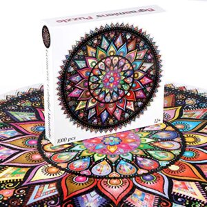 Bgraamiens Puzzle-Geometric Colorful Mandala-1000 Pieces Creative Geometric Round Blue Board Colorful Mandala Jigsaw Puzzle