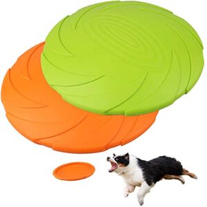 primepets dog frisbees, 2 pack, 7 inch dog flying disc, durable dog toys, nature rubber floating flying saucer for water pool beach, orange and green