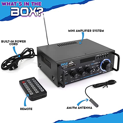 Pyle Wireless Bluetooth Stereo Power Amplifier - 200W Dual Channel Sound Audio Stereo Receiver System w/ RCA, USB, SD, MIC IN, FM Radio, For Home Theater Entertainment via RCA, Studio Use - PDA29BU