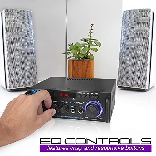 Pyle Wireless Bluetooth Stereo Power Amplifier - 200W Dual Channel Sound Audio Stereo Receiver System w/ RCA, USB, SD, MIC IN, FM Radio, For Home Theater Entertainment via RCA, Studio Use - PDA29BU