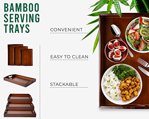 Set of 3 Premium Bamboo Serving Trays - Natural Finish | Stylish and Functional Platters for Exquisite Food Presentation |Brown Finish