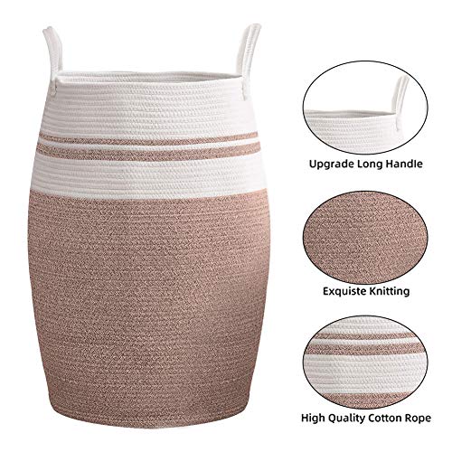 Laundry Hamper Woven Cotton Rope Large Clothes Hamper Foldable Modern Curve Bucket 25.6" Height Tall Basket with Extended Handles for Storage Clothes Toys in Bedroom Bathroom (Yellow Variegated)