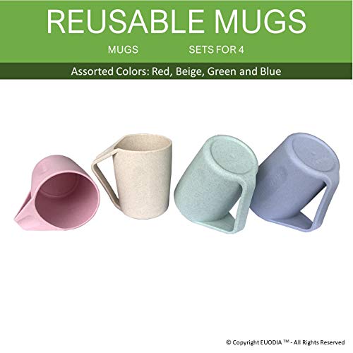 Euodia Wheat Straw Plastic Coffee Cups / Mugs with Handles (Sets for 4) - Dishwasher & Microwave Safe - Unbreakable / Nonbreakable, Lightweight, Eco-Friendly & BPA Free -Kids,Toddlers,Adults & Elderly