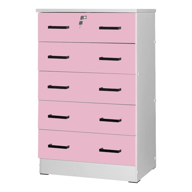 Better Home Products Cindy 5 Drawer Chest Wooden Dresser with Lock in Pink