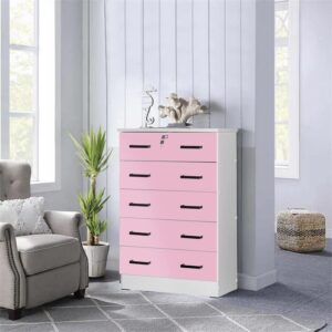 Better Home Products Cindy 5 Drawer Chest Wooden Dresser with Lock in Pink